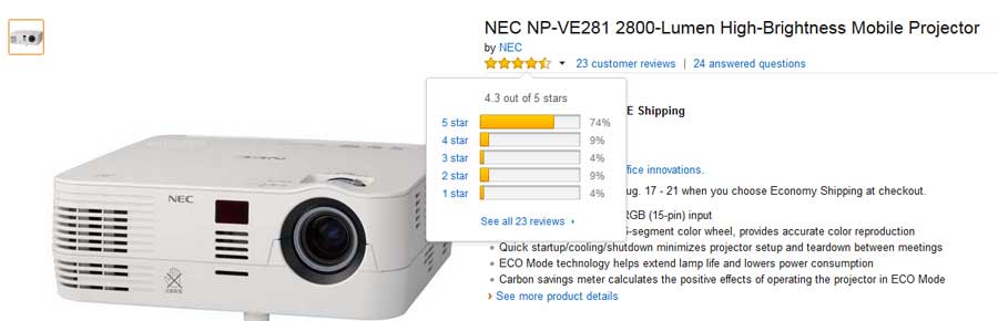 تصویر نطرات کاربران سایت آمازون درباره ویدئو پروژکتور ان ای سی NEC NP-VE281G
